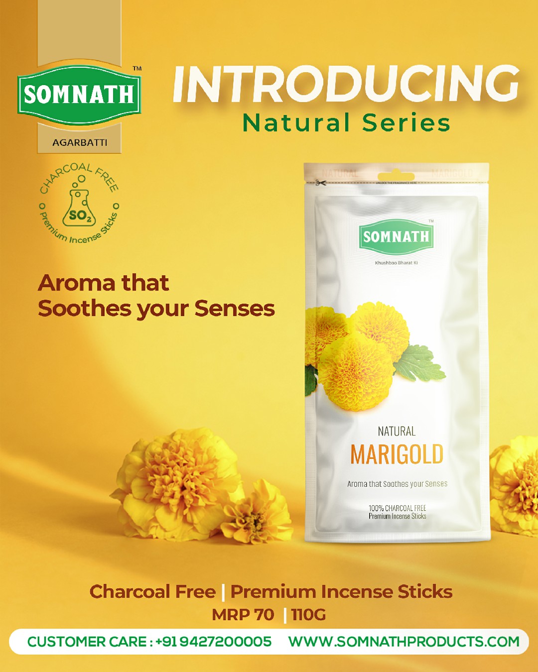 Natural Marigold Agarbatti | 100% Charcoal Free Incense Sticks.