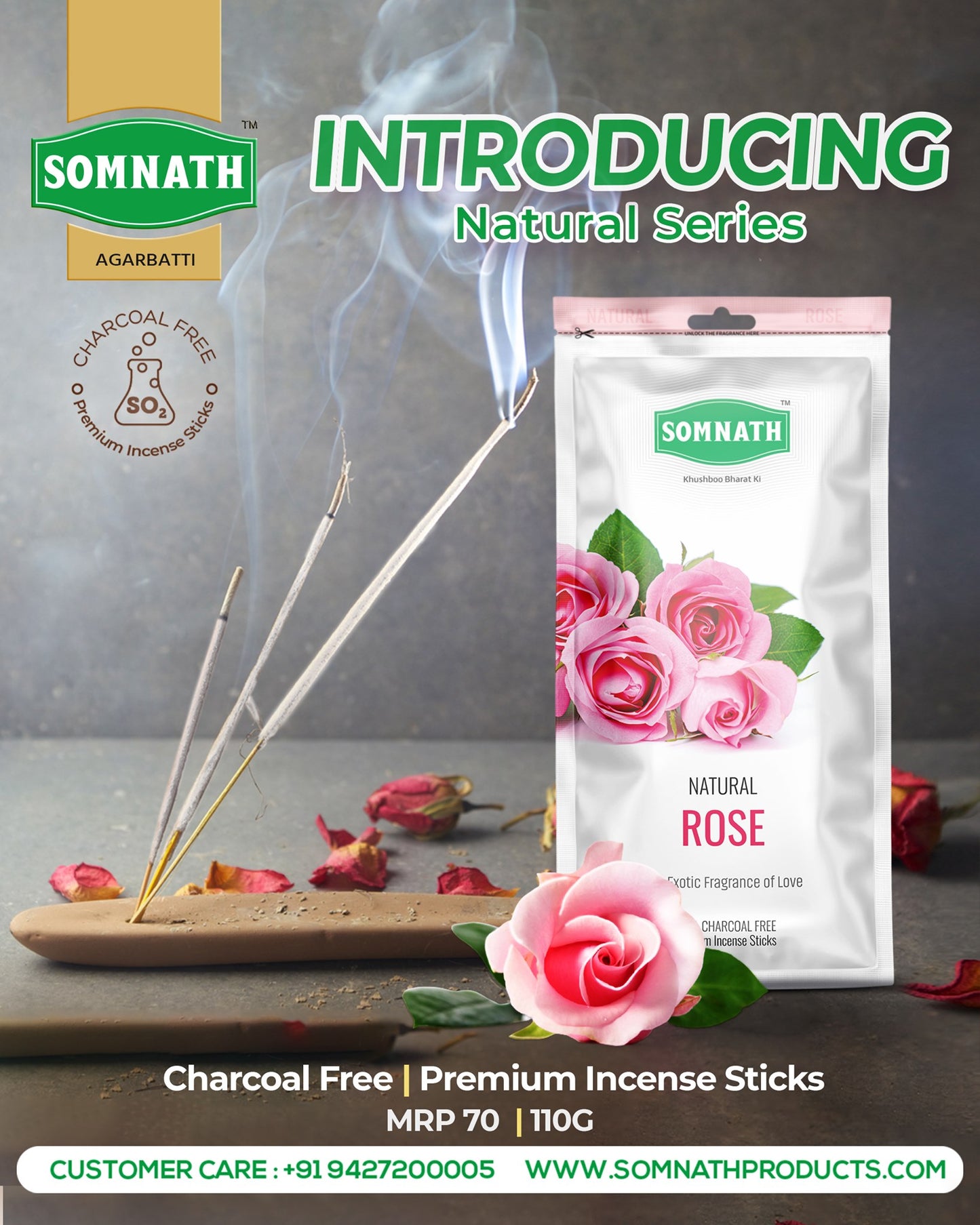 Natural Rose Agarbatti | 100% Charcoal Free Incense Sticks.