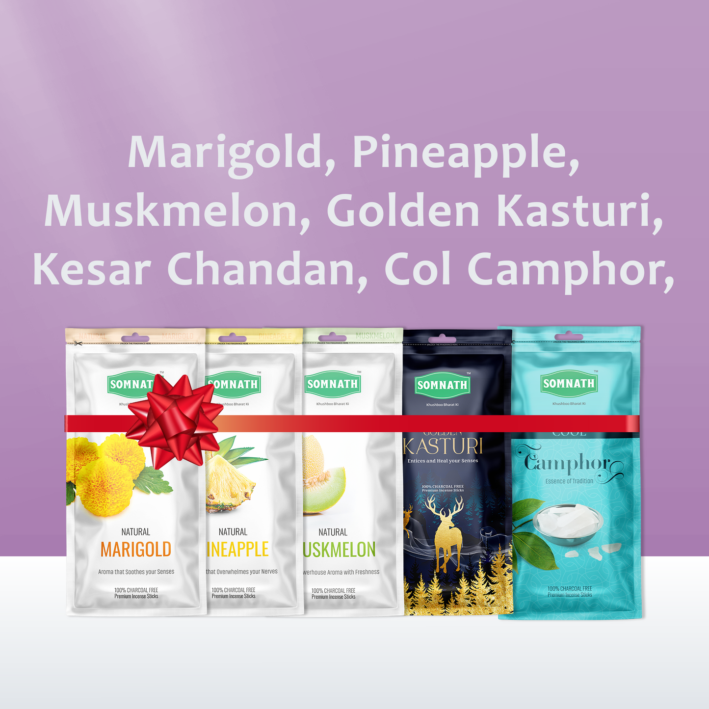 Natural Fancy Incense Sticks Combo, (Marigold, Pineapple, Muskmelon, Golden Kasturi, Kesar Chandan, Col Camphor) Agarbatti Combo.